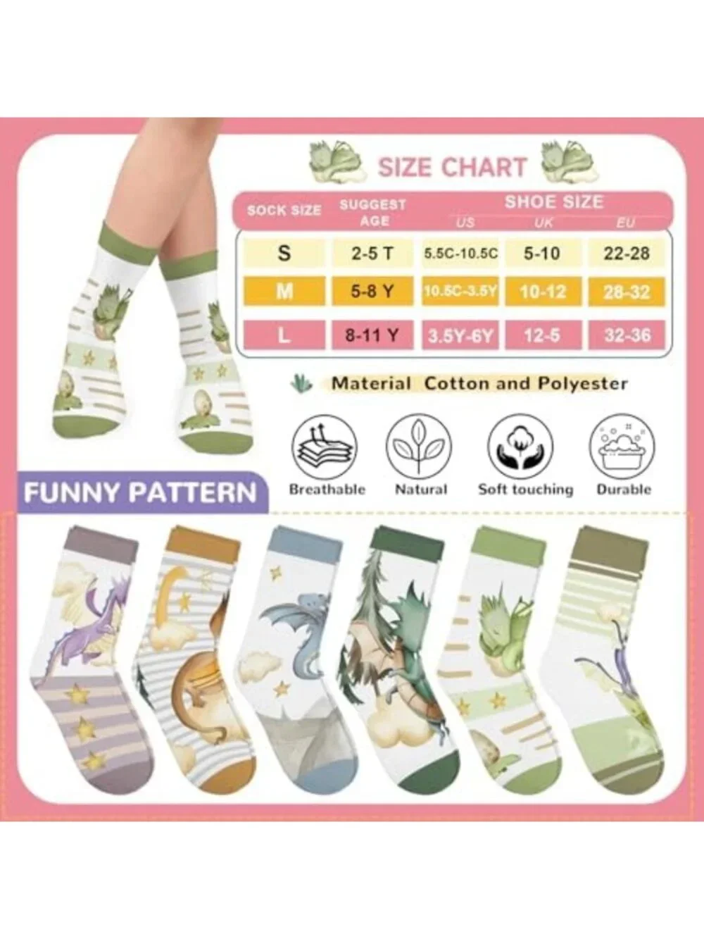 Funny Animal Printed Socks for Kids - Sloth, Dinosaur, Bee & Monkey - 6 Pairs